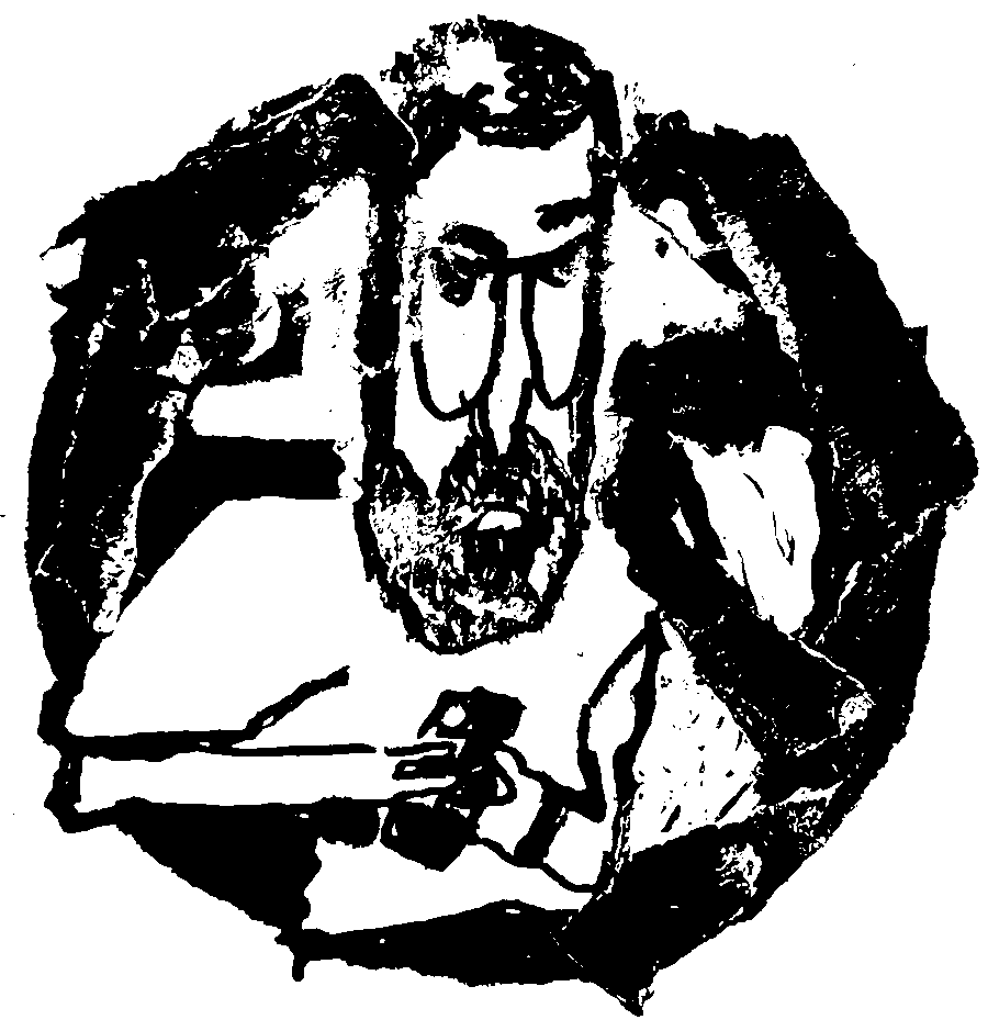 A high-contrast and messily rendered black and white illustration of the man with distorted proportions looking down at a phone